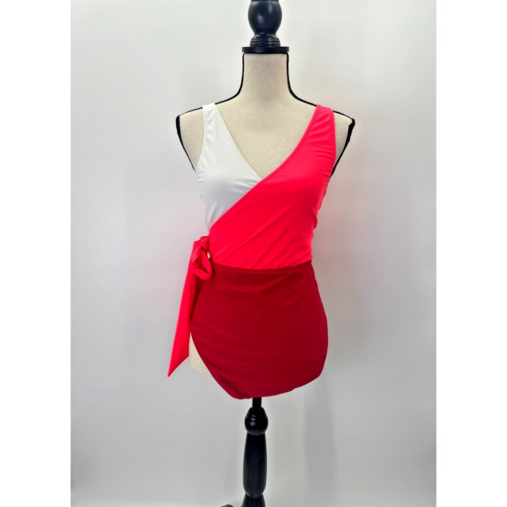 Colorblock Side Tie Faux Wrap Neon Pink Red White One Piece Bathing Swim Suit XL